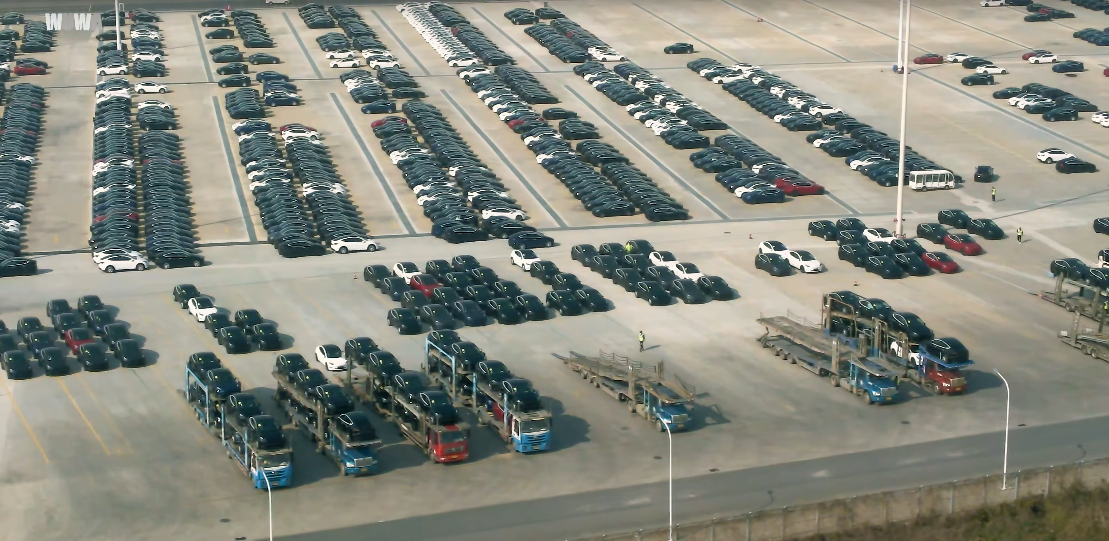 A drone supplied image of the Tesla Giga Shanghai vehicle marshalling yard taken on November 26, 2021 by Wu Wa.